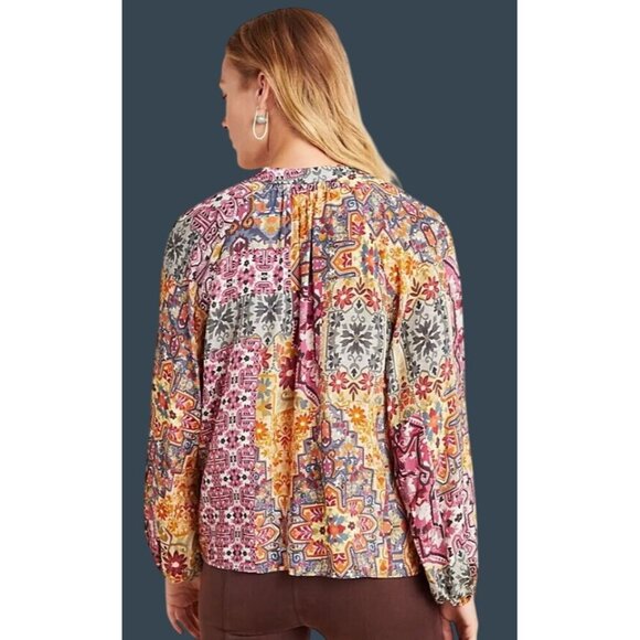 Kachel X Anthropologie Ambrosia Peasant Blouse keyhole tassel tie women’s M - Picture 2 of 11